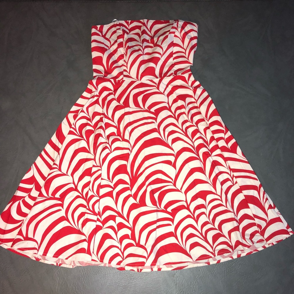 Red and white strapless dress